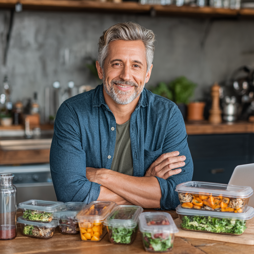 Confident man in his mid-40s with gray hair and beard wearing a casual blue shirt, sitting in a modern kitchen with a laptop and healthy meal prep containers, showing a productive and organized approach to healthy living