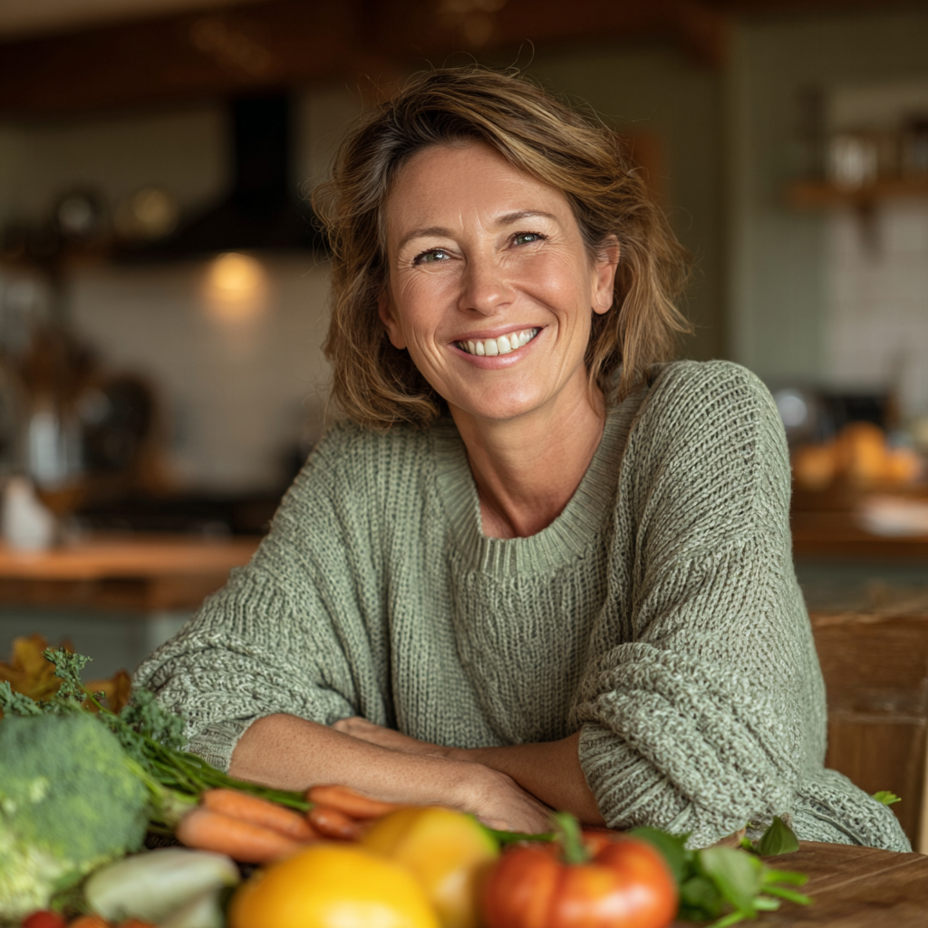 Smiling middle-aged woman in her 50s with short brown hair wearing a light green sweater, sitting at a kitchen table with fresh vegetables and fruits, preparing a healthy meal with a genuine expression of satisfaction and wellness